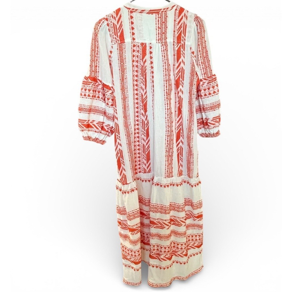 Elan Embroidered Boho Midi Dress XS Orange Ivory Cover-Up Tassel Tie Pockets - Picture 4 of 7